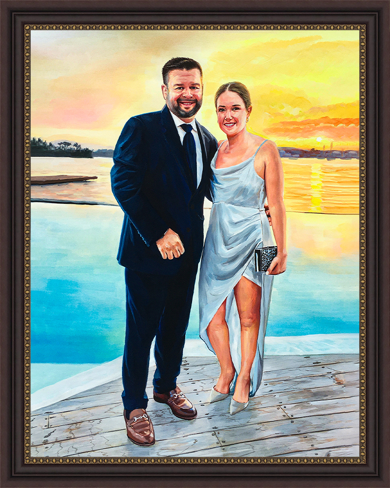 Pastel portrait of a couple at sunset on a dock